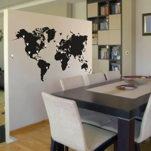 Miniatura 4 de Calcomanía de pared con mapa del mundo grande con gotas de alfileres, mapa negro con pines rojos, negros, blancos y grises, 60 x 100 pulgadas. Fácil
