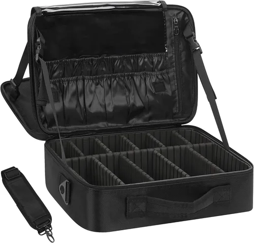 Miniatura 14 de Travelmall Estuche profesional organizador de maquillaje de 3 niveles, tamaño grande con hombro ajustable para brochas de maquillaje, herramientas