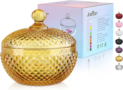 Joeyan Tarros pequeños de vidrio ámbar de 12 oz con tapa, platos de caramelo de vidrio en relieve, contenedor de alimentos facetado de diamante,