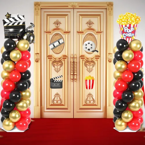 Miniatura 6 de Juego de 2 soportes de columna de globos nocturnos de película con 102 globos de aluminio de palomitas de maíz, soporte de torre ajustable de 5.57