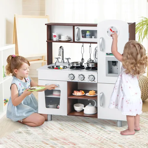 Miniatura 9 de KOTEK Juego de cocina para niños, juego de cocina de madera para niños pequeños con dispensador de agua con luces sonidos, estufa, horno, nevera