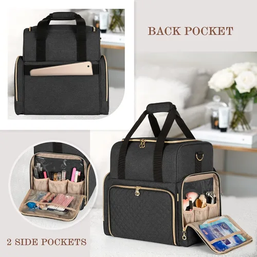 Miniatura 4 de LUXJA Bolsa de maquillaje de viaje grande con 3 estuches extraíbles, bolsa de cosméticos con divisores desmontables (patente pendiente), color negro