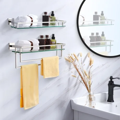 Miniatura 7 de LANC Estante de baño cromado, estantes de vidrio templado flotante de 20 pulgadas, estante rectangular de acero inoxidable montado en la pared