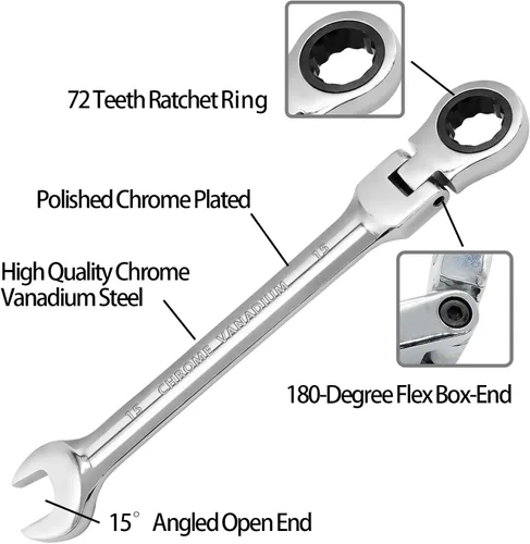 Miniatura 4 de Llave de trinquete de cabeza flexible de 15 mm, llave combinada de acero al cromo vanadio de 12 puntas con engranaje de trinquete de 72 dientes