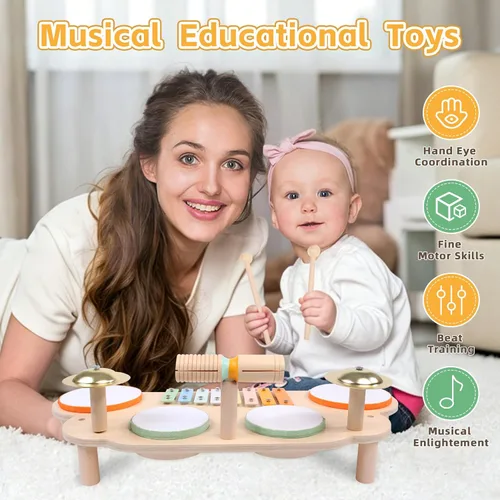 Miniatura 3 de Juego de batería para niños pequeños, instrumentos musicales de madera para bebés de 1 a 3 años, juego de mesa de actividades musicales con piano