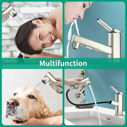 Miniatura 7 de Grifo de baño de un solo agujero, grifo de lavabo de baño moderno extraíble con 3 modos de flujo de agua, grifos de baño con rociador