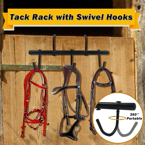 Miniatura 3 de Estante de acero con ganchos giratorios para caballos, ganchos de brida colgantes negros, ganchos portátiles para tachuelas, organizador