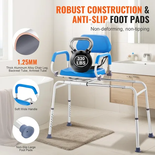 Miniatura 4 de VEVOR Banco deslizante de transferencia de bañera con asiento giratorio de 360 grados, silla de ducha deslizante con reposabrazos pivotantes