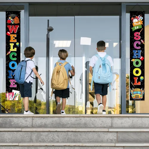 Miniatura 6 de Cartel de bienvenida de regreso a la escuela para puerta, porche, primer día de escuela, pancartas de tela colgantes, banderas, letreros