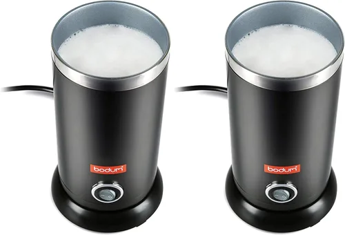 Bodum Espumador de leche eléctrico negro de 10 onzas, interior antiadherente, cuerpo de acero inoxidable, apagado automático, paquete de 2