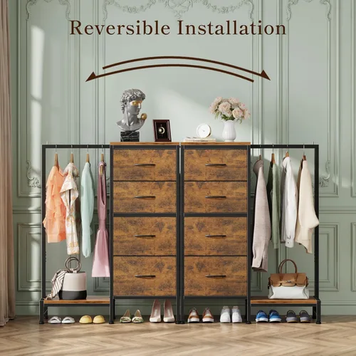 Miniatura 9 de HIGDBFE Cómoda con estante para colgar, armario pequeño de 4 cajones para dormitorio, cómoda de tela reversible para niños con perchero, torre