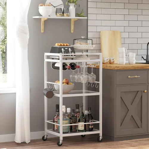 Miniatura 11 de TUTOTAK Carrito de bar, carrito de servicio para el hogar, carrito de bebidas, estante de cocina móvil con estante para vino y soporte para vidrio