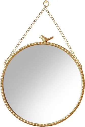 Espejo de pared redondo dorado vintage de 9.8 pulgadas con diseño de gorrión, espejo enmarcado de hierro para baño, dormitorio o vestidor, pequeño