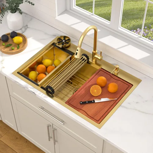 Miniatura 23 de Dcolora 33x22 Fregadero de cocina de acero inoxidable de 16 calibres, estación de trabajo de caída, fregadero de cuenco único grande, montaje