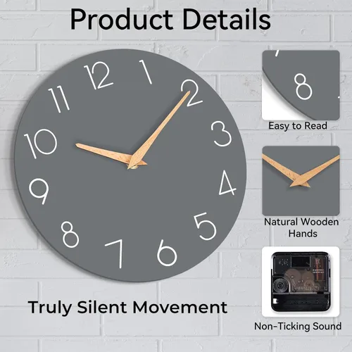 Miniatura 8 de cicininc Reloj de pared gris silencioso sin tictac, relojes de pared decorativos a pilas para dormitorio, cocina, hogar, oficina, escuela, hotel