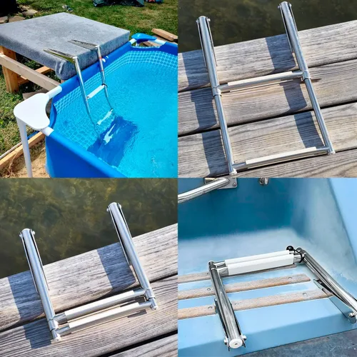 Miniatura 6 de YOUNG MARINE Escalera telescópica y plegable de acero inoxidable de 4 escalones con estribo de plástico blanco, montaje sobre plataforma