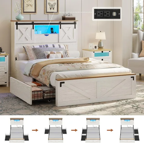 Miniatura 10 de Hasuit Marco de cama de granja tamaño individual con 2 cajones de almacenamiento, plataforma de madera con luces LED y estación de carga, cabecera