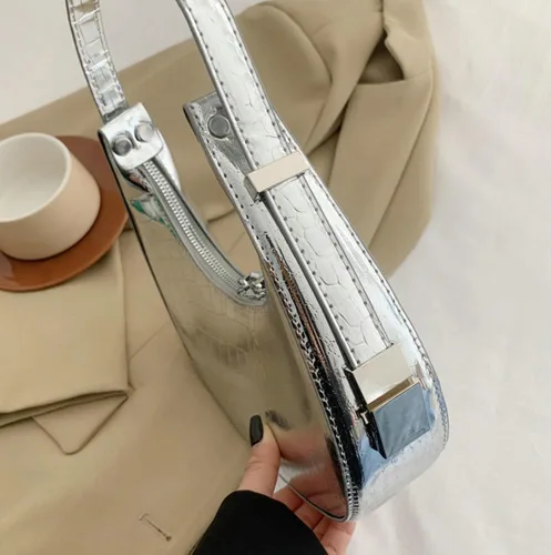 Miniatura 6 de Bolso Hobo para mujer, bolso de plata Y2k, brillante de noche, embrague brillante, para axilas, bolso de hombro de piel sintética