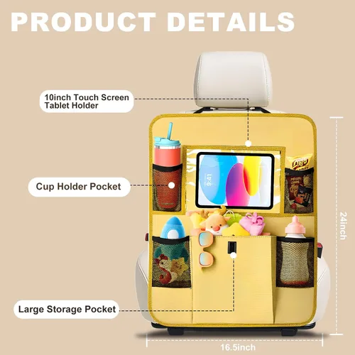 Miniatura 7 de Organizador para el asiento trasero del coche con soporte para tableta, 6 bolsillos de almacenamiento, protectores de respaldo de asiento