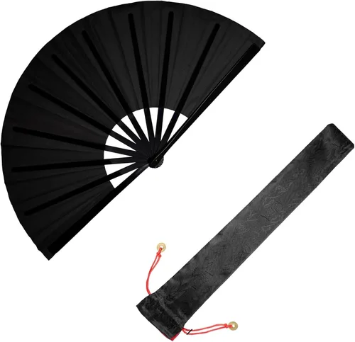 Miniatura 29 de Nydotd Paquete de 1 abanico grande de mano plegables de nailon plegable con funda de soporte para hombres y mujeres, línea de actuación, danza, kung