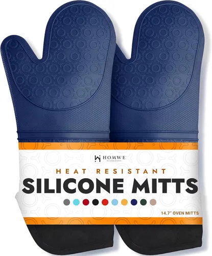 Miniatura 8 de Juego de 4 guantes de horno y salvamanteles de silicona suave sin BPA, guantes de horno ultra resistentes al calor con forro de algodón grueso, Azul