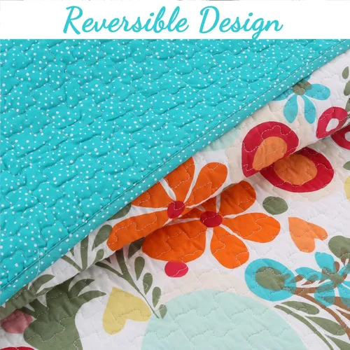 Miniatura 2 de Cozy Line Home Fashions Juego de ropa de cama reversible para niña, color rosa, verde, azul, naranja, colorido, floral, fantasía, colcha