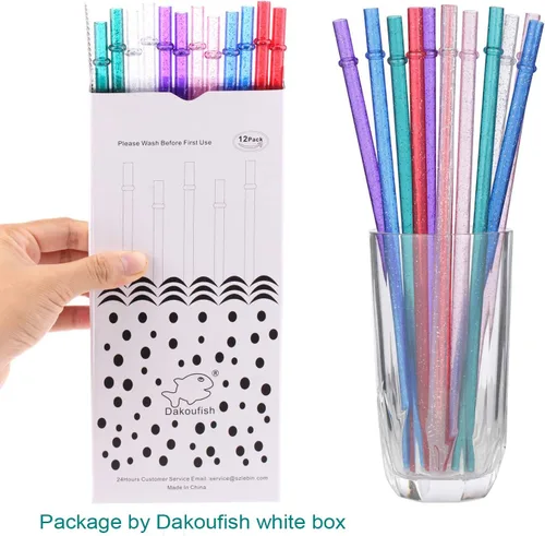 Miniatura 7 de Dakoufish Sin BPA 12 Piezas Pajitas Reutilizables de Plástico Transparente con Purpurina de 11 Pulgadas Más un Cepillo de Limpieza