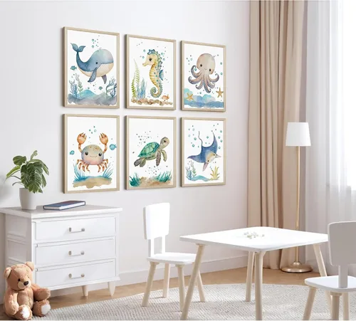 Miniatura 3 de Juego de 6 decoración de pared de animales marinos para guardería, lienzo de acuarela de océano, arte de pared para habitación de bebés y niños