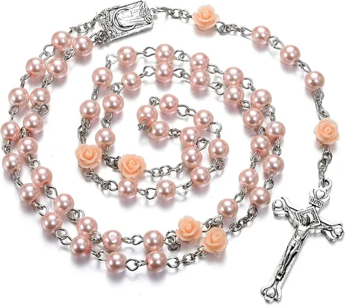 Miniatura 3 de SZQCZB Rosario - Collar católico con medalla del suelo sagrado Crucifijo con caja de metal y 18 tarjetas de oración