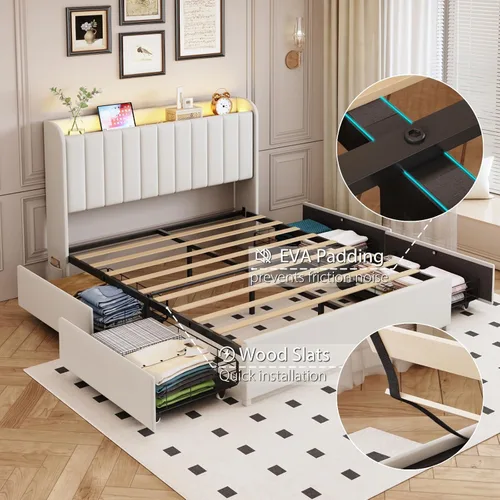 Miniatura 7 de Marco de cama completa con 4 cajones y cabecera de almacenamiento, marco de cama de plataforma tapizada tamaño completo con luces LED y práctica