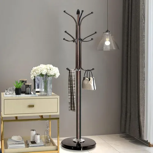 Miniatura 2 de Kertnic Perchero de metal con base de mármol natural, árbol de pasillo independiente con 12 ganchos para colgar bufanda, bolso, chamarra, Bronce