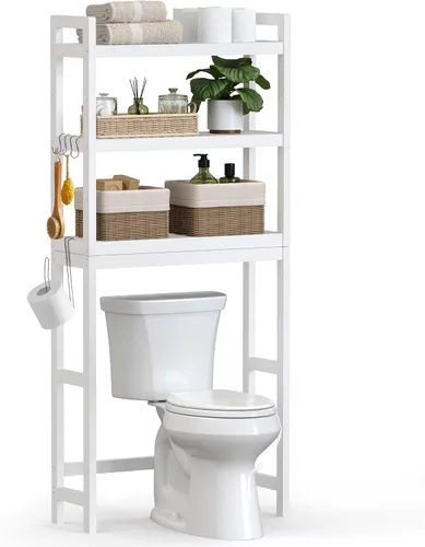 Miniatura 10 de SONGMICS Almacenamiento sobre el inodoro, organizador de baño de 3 niveles sobre el inodoro con estantes ajustables, ganchos, bambú, estantes