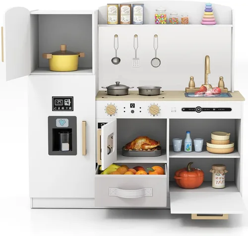 Miniatura 12 de Costzon Juego de cocina para niños, cocina de juguete de madera con luz y sonido, microondas, máquina de hielo, horno, fregadero y grifo, accesorios