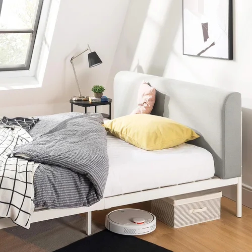 Miniatura 6 de Mellow BREE - Cama de plataforma de metal con cabecera curvada y tapizada, listones de acero, fácil montaje, gris cielo, tamaño matrimonial