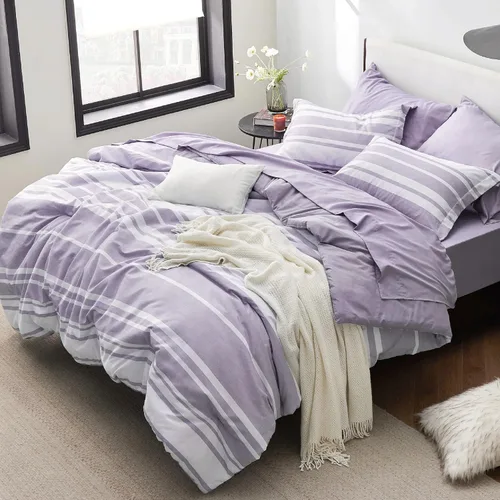 Miniatura 20 de Bedsure Juego de ropa de cama con edredón tamaño individual de 5 piezas, juego de ropa de cama a rayas azules para todas las estaciones, reversible