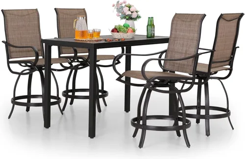 Miniatura 9 de PHI VILLA Juego de 2 taburetes de bar giratorios para exteriores, sillas de patio de altura de mostrador con tela textil impermeable, marrón, marco