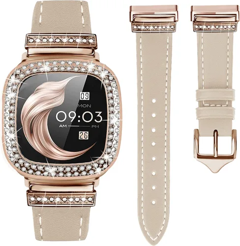 Miniatura 13 de Correa de cuero compatible con Fitbit Sense 2/Versa 4 para mujeres, elegante correa de cuero con hebilla metálica en forma de D con strass con funda