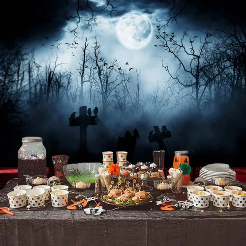 Miniatura 4 de Fondo de vinilo de 5 x 3 pies con temática de Halloween, escena sombría, fotografía, cementerio aterrador, lápida, fantasma, luna llena, retratos