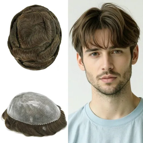 Miniatura 98 de Peluca completa de poliuretano para hombre, sistemas de reemplazo de cabello humano, piel fina y duradera, para hombre, prótesis de cabello