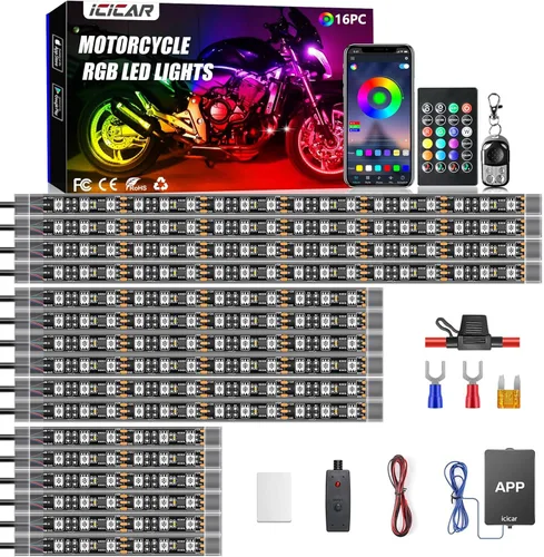Miniatura 9 de 12 luces de motocicleta con control de aplicación, modo de música RGB de 16 millones de colores, función de luz de freno IP68 impermeable con doble