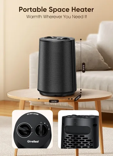 Miniatura 8 de GiveBest Calentador de espacio, calentadores portátiles de 1500 W para uso en interiores, calentador de cerámica PTC con modos de calefacción y Negro