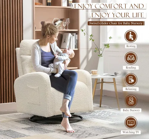 Miniatura 6 de Silla giratoria moderna, mecedora tapizada para guardería, cómoda silla mecedora con respaldo alto con bolsillo lateral y reposacabezas para sala