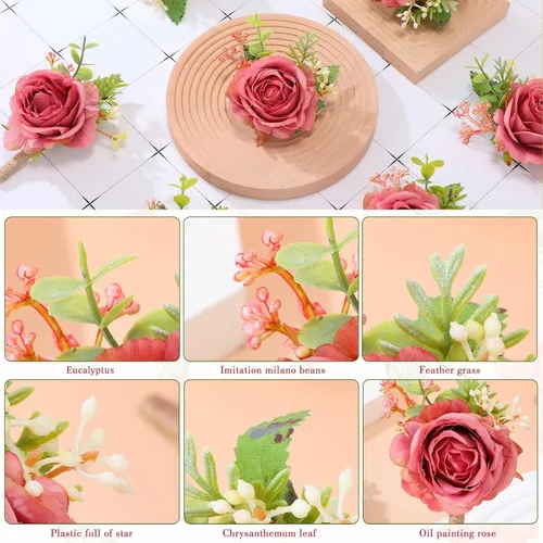 Miniatura 8 de Sherr Juego de 20 ramilletes de rosas y boutonniere, ramillete de muñeca de flores, pulsera de pulsera para novio y hombre, boutonniere de boda