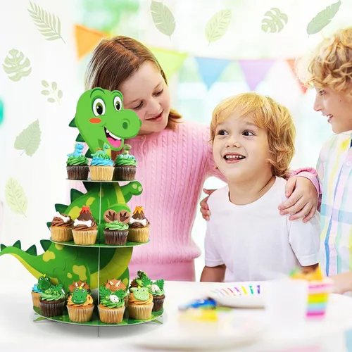 Miniatura 5 de Censen Soporte para cupcakes de dinosaurio de 3 niveles, decoración de fiesta con temática de dinosaurio, decoración de torre de postre
