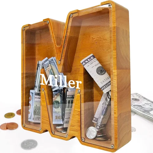 Miniatura 11 de Alcancía para niños y niñas, alcancía grande de madera personalizada con diseño recortado, bancos de monedas con letras del alfabeto, caja de ahorro