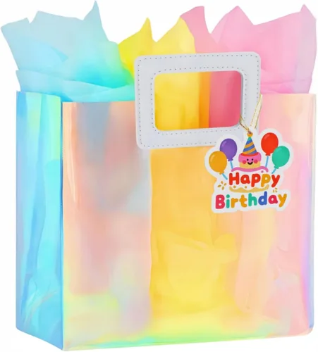 VUOJUR Bolsa de regalo de cumpleaños mediana de 11 pulgadas con papel de seda y etiqueta de regalo de feliz cumpleaños para niña colorida