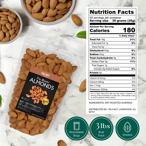 Miniatura 2 de Almendras tostadas secas sin sal, 48 onzas (3 libras) Probadas por lotes sin gluten y maní, sin aceite, enteras, sin PPO, sin OMG, sin herbicidas
