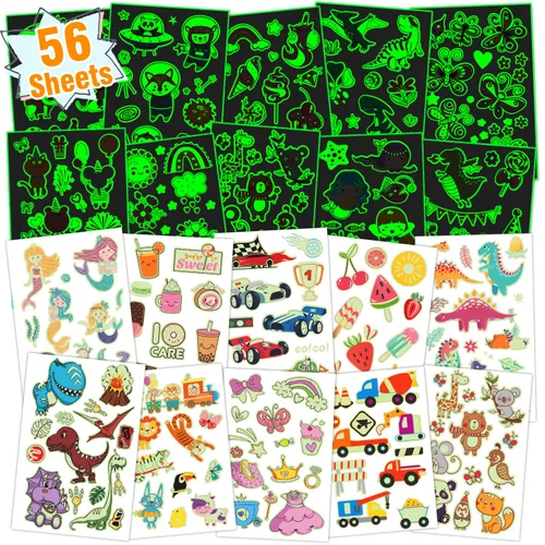 Partywind 56 hojas de tatuajes temporales brillantes para niños, 560 estilos luminosos para fiestas, regalos sorpresa de cumpleaños, premios para