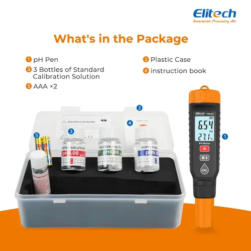 Miniatura 9 de Elitech Profesional Pluma Medidor de pH - Probador Digital para pH y Temperatura en Hidroponía, Soluciones de Crecimiento con Kit de Calibración