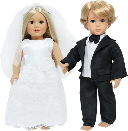Miniatura 11 de 5 juegos de vestido de novia de muñeca de 18 pulgadas, ropa de moda y accesorios, 1 vestido de novia con velo, 4 vestidos de muñeca de satén, regalo